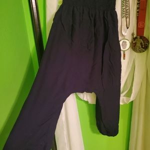 Three (3) Harem Pants. One (1) Green Paisley, One (1) Black, One (1) Dark Blue